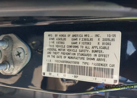 2006 Honda Accord 3.0 Ex from USA, damaged, VIN 1HGCM66596A015656